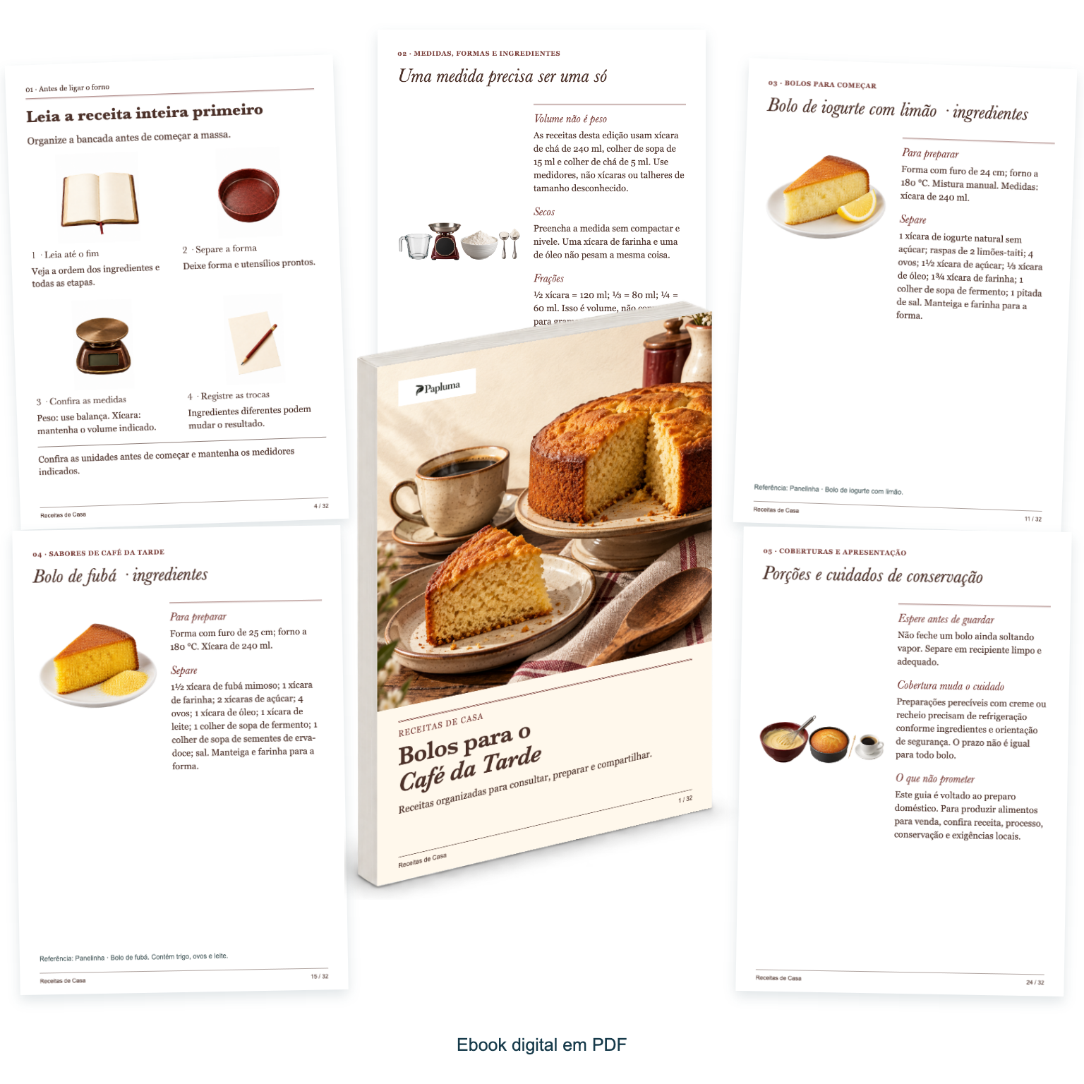 Capa de Bolos para o Café da Tarde ao centro e páginas reais do ebook ao redor